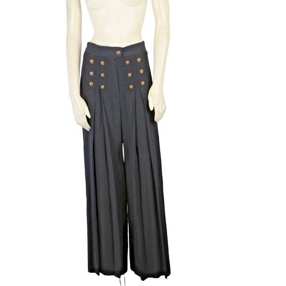 Vintage Black High Elastic Waist Wide Leg Dress Pants Gold Button Trousers Sz 4 - Picture 13 of 16